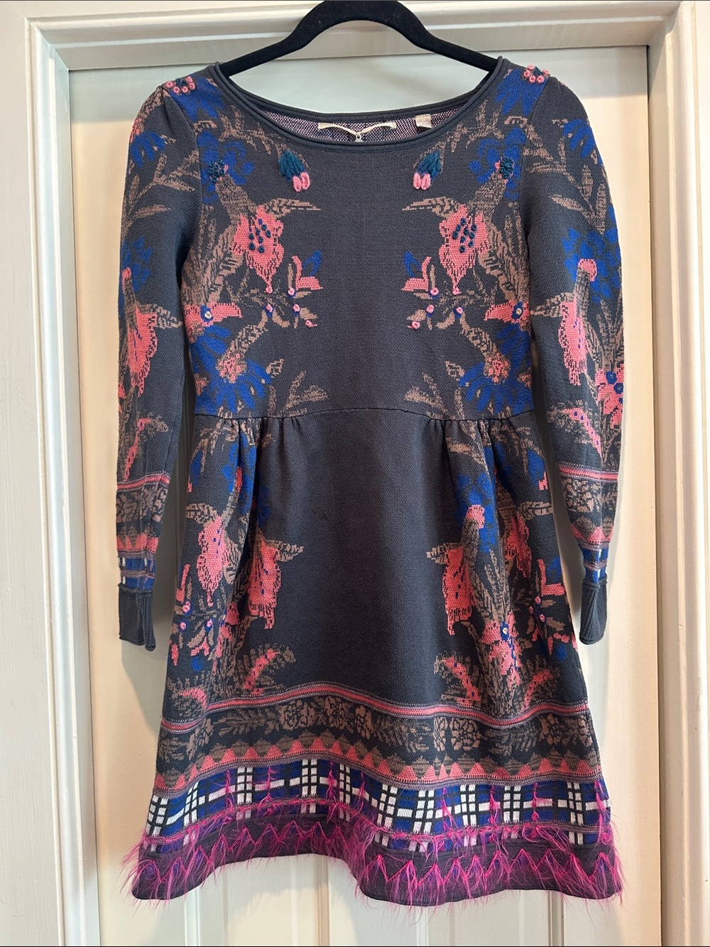 Anthropologie Long-Sleeve Floral Knit Dress in Dark Gray with Pink & Blue Motif